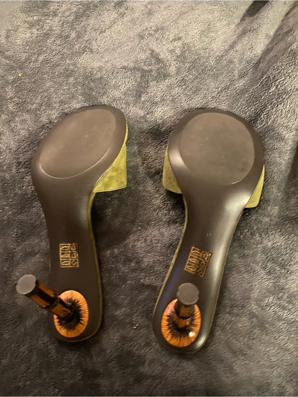 Jeffrey Campbell Olive Green Suede Slide Sandals with Bamboo-Style Heel - Picture 4 of 4